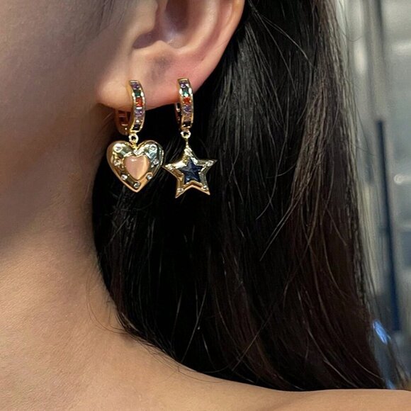 Multicolor Elegant Womens Cat Eye Stone Asymmetrical Star Shaped Pendant Earring - Picture 2 of 3